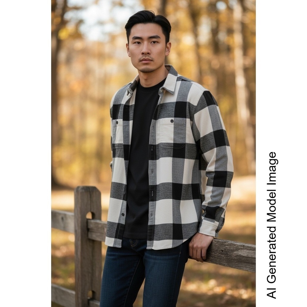 American Eagle Heritage Flannel Shirt Mens Large Black Cream Buffalo Plaid L/G